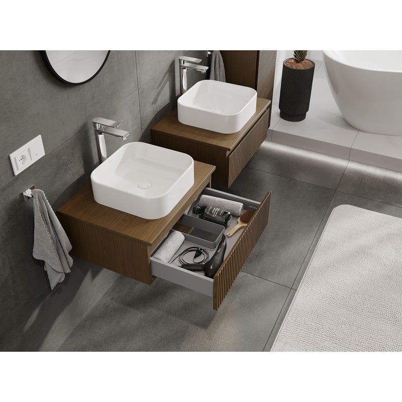 Mexen Rivel Badezimmerunterschrank 60 cm mit Arbeitsplatte, 1 Schublade, gerillt, Nussbaum - 91A20-06023-1-BFC86