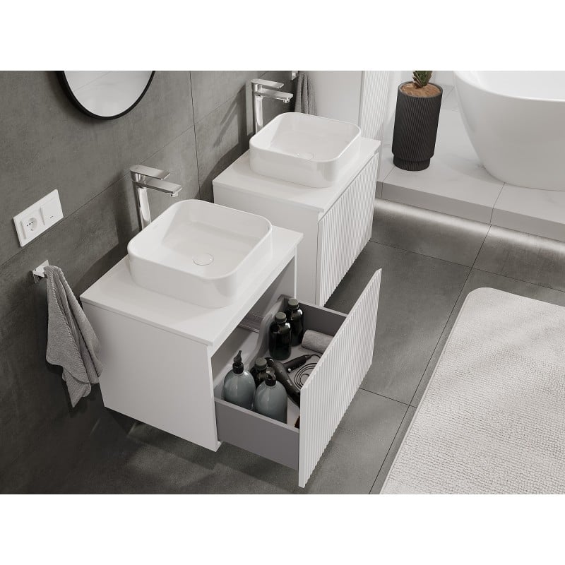 Mexen Rivel Badezimmerschrank für Waschbecken 60 cm mit Arbeitsplatte, 1 Schublade, geriffelt, weiß matt - 91A20-06047-1-BFC01