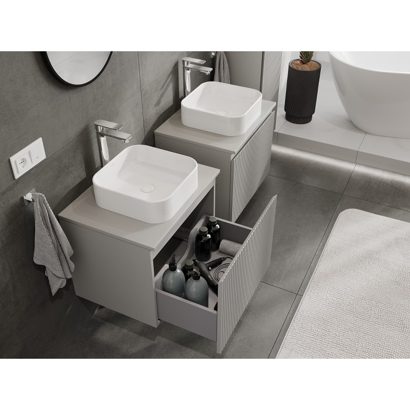 Mexen Rivel Badezimmerunterschrank 60 cm mit Arbeitsplatte, 1 Schublade, gerillt, grau matt - 91A20-06047-1-BFC62