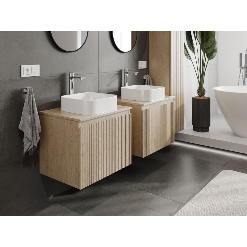 Mexen Rivel Badezimmerunterschrank 60 cm mit Arbeitsplatte, 1 Schublade, geriffelt, Eiche - 91A20-06047-1-BFC81