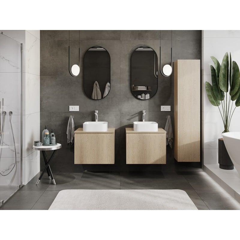 Mexen Rivel Badezimmerunterschrank 60 cm mit Arbeitsplatte, 1 Schublade, geriffelt, Eiche - 91A20-06047-1-BFC81