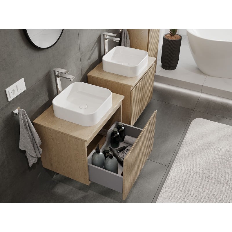 Mexen Rivel Badezimmerunterschrank 60 cm mit Arbeitsplatte, 1 Schublade, geriffelt, Eiche - 91A20-06047-1-BFC81