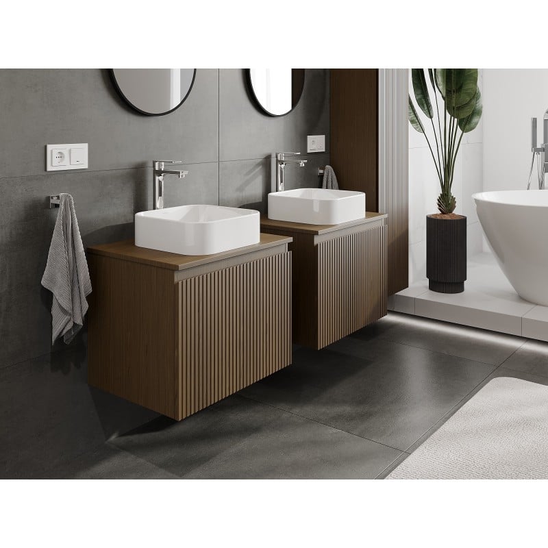 Mexen Rivel Badezimmer-Unterschrank 60 cm mit Arbeitsplatte, 1 Schublade, geriffelt, Nussbaum - 91A20-06047-1-BFC86