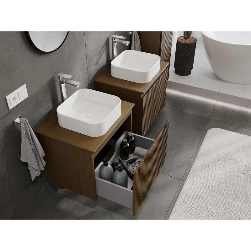 Mexen Rivel Badezimmer-Unterschrank 60 cm mit Arbeitsplatte, 1 Schublade, geriffelt, Nussbaum - 91A20-06047-1-BFC86
