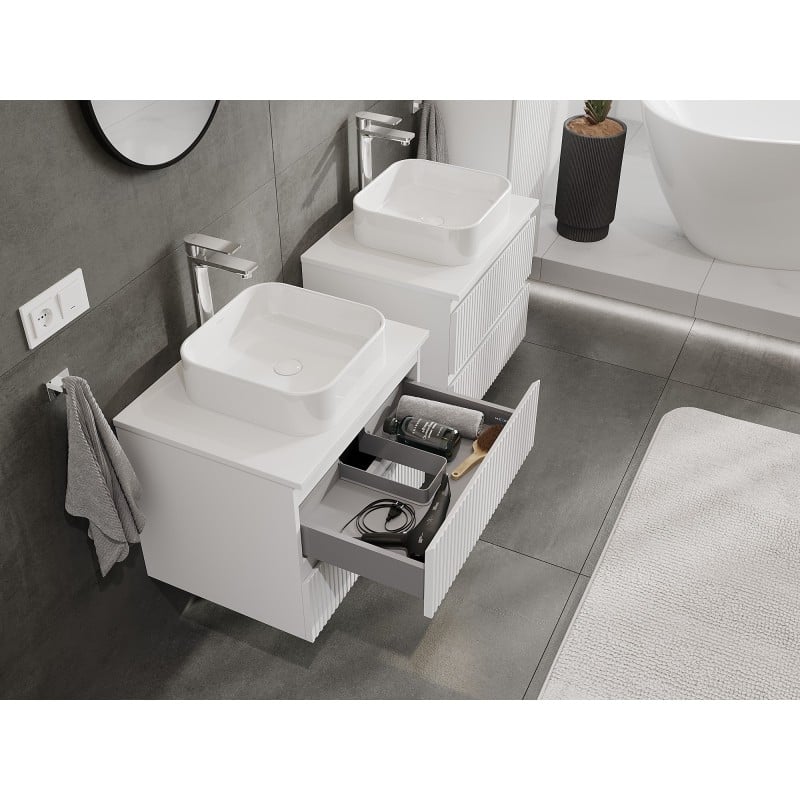 Mexen Rivel Badezimmerunterschrank 60 cm mit Platte, 2 Schubladen, geriffelt, weiß matt - 91A20-06047-2-BFFC01