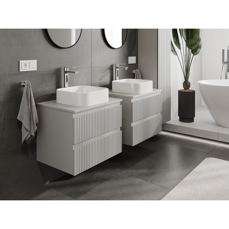 Mexen Rivel Badezimmerschrank für Waschbecken, 60 cm mit Arbeitsplatte, 2 Schubladen, geriffelt, grau matt
