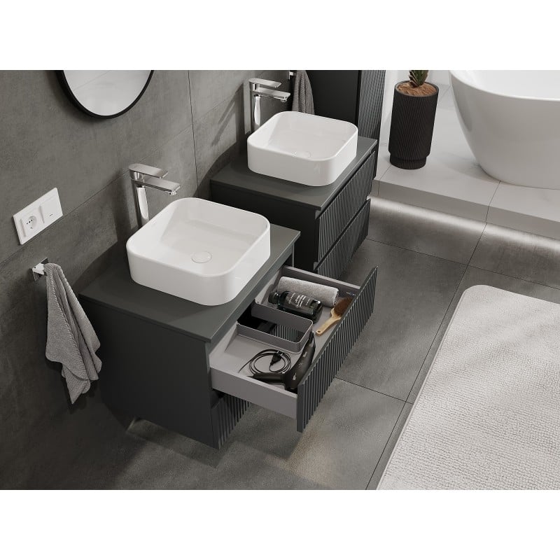 Mexen Rivel Badezimmerunterschrank 60 cm mit Arbeitsplatte, 2 Schubladen, geriffelt, matt Graphit - 91A20-06047-2-BFFC66