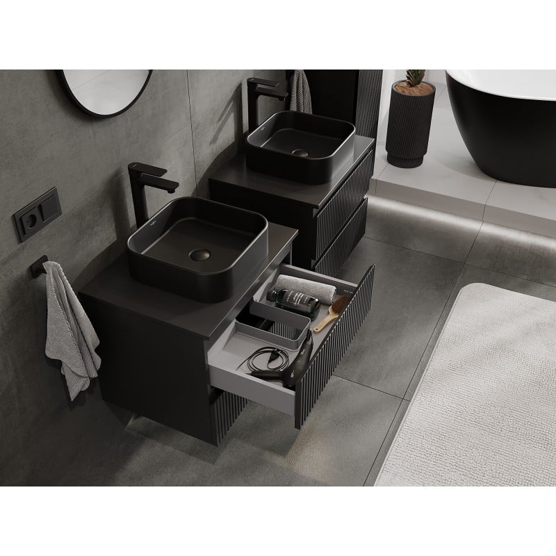 Mexen Rivel Badezimmer-Unterschrank 60 cm mit Platte, 2 Schubladen, gerillt, schwarz matt - 91A20-06047-2-BFFC71