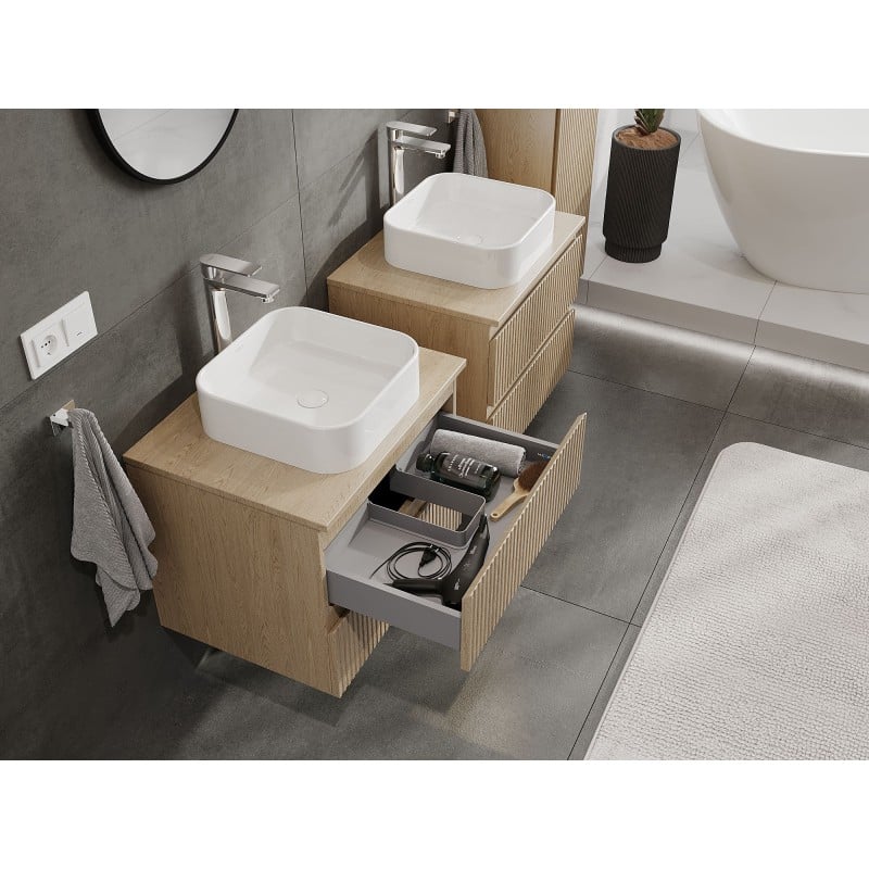 Mexen Rivel Badezimmer-Unterschrank 60 cm mit Arbeitsplatte, 2 Schubladen, geriffelt, Eiche - 91A20-06047-2-BFFC81