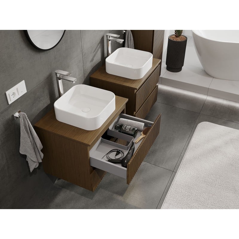 Mexen Rivel Badschrank für Waschbecken 60 cm mit Platte, 2 Schubladen, geriffelt, Nussbaum - 91A20-06047-2-BFFC86