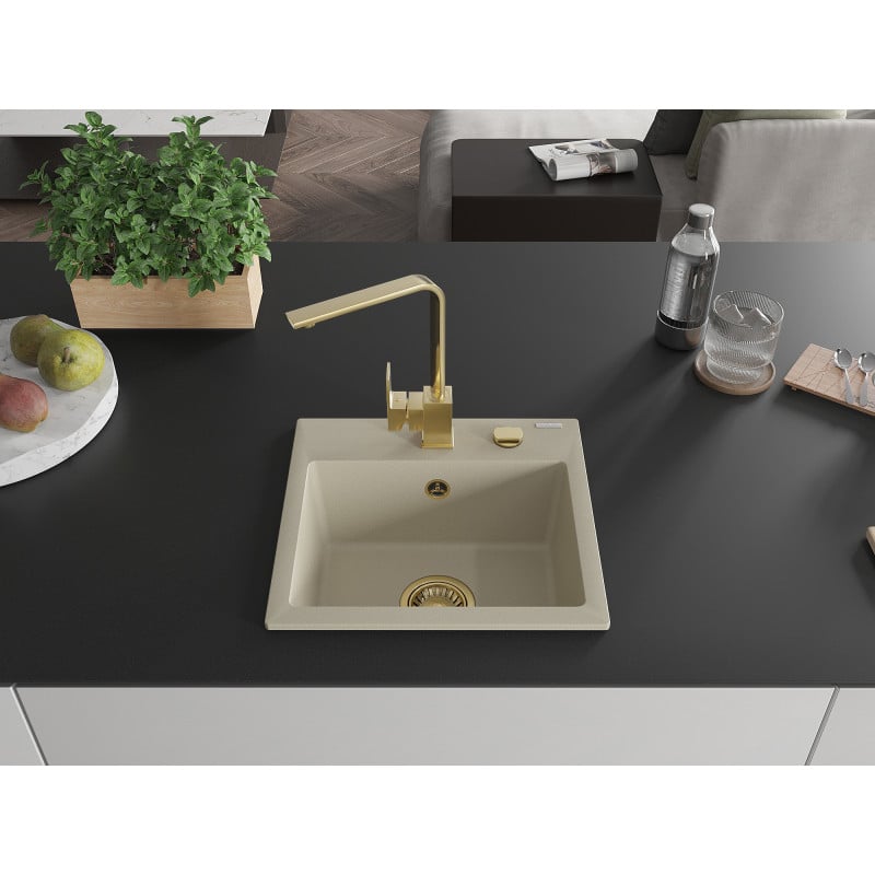 Mexen Milo Granitspüle 1-beckig mit Küchenarmatur Rita, beige - 6505-69-670300-50