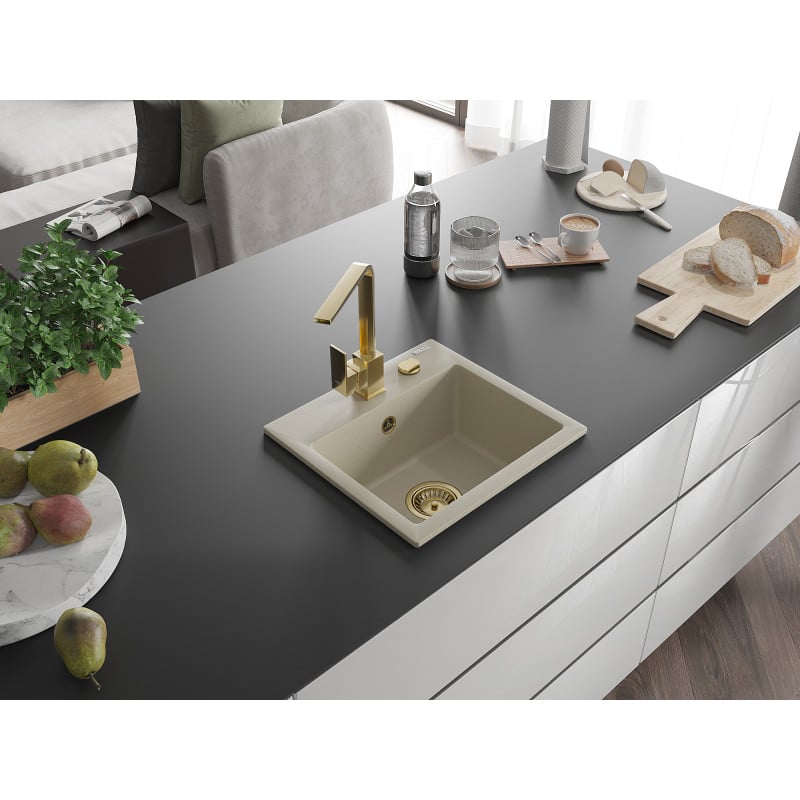 Mexen Milo Granitspüle 1-beckig mit Küchenarmatur Rita, beige - 6505-69-670300-50
