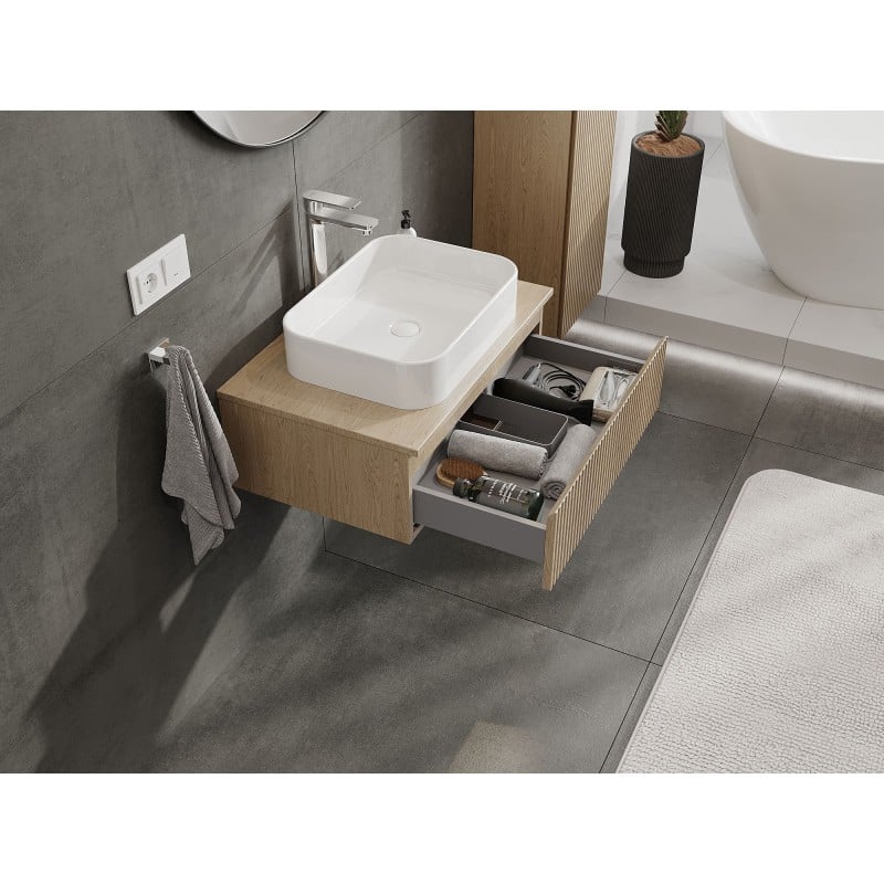 Mexen Rivel Badezimmerschrank 70 cm mit Arbeitsplatte, 1 Schublade, geriffelt, Eiche - 91A20-07023-1-BFC81