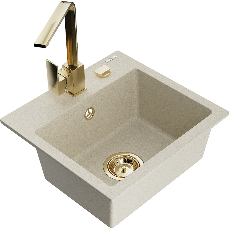 Mexen Milo Granitspüle 1-beckig mit Küchenarmatur Rita, beige - 6505-69-670300-50