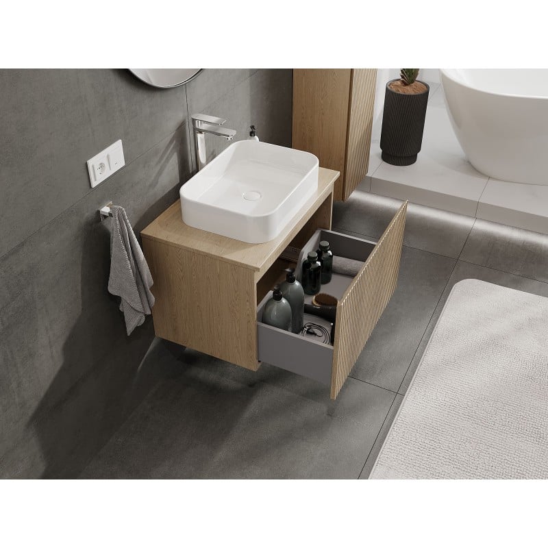 Mexen Rivel Badezimmerschrank unter Waschbecken 70 cm mit Arbeitsplatte, 1 Schublade, geriffelt, Eiche - 91A20-07047-1-BFC81