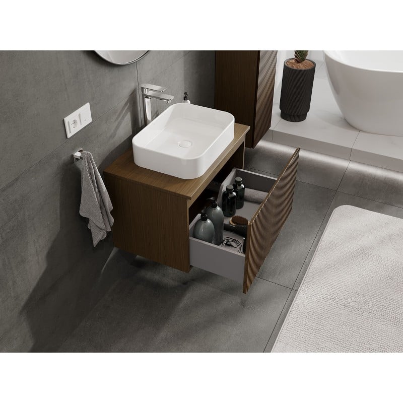 Mexen Rivel Badezimmerunterschrank 70 cm mit Arbeitsplatte, 1 Schublade, geriffelt, Nussbaum - 91A20-07047-1-BFC86