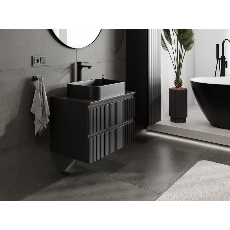 Mexen Rivel Badezimmerschrank 70 cm mit Arbeitsplatte, 2 Schubladen, geriffelt, Schwarz matt - 91A20-07047-2-BFFC71