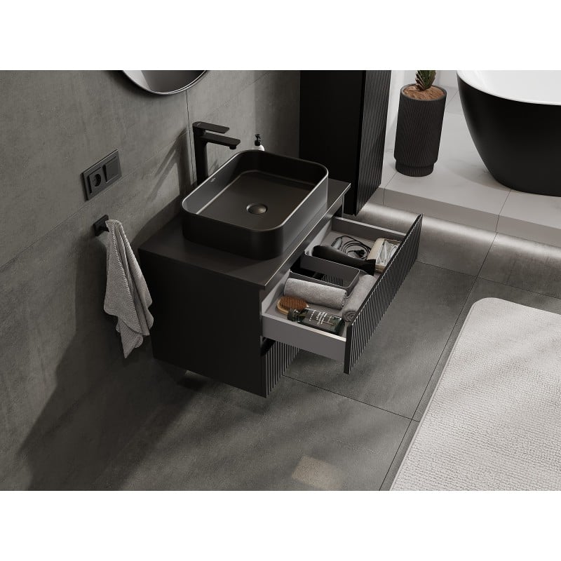 Mexen Rivel Badezimmerschrank 70 cm mit Arbeitsplatte, 2 Schubladen, geriffelt, Schwarz matt - 91A20-07047-2-BFFC71