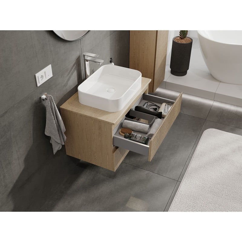Mexen Rivel Badezimmerschrank unter Waschbecken 70 cm mit Arbeitsplatte, 2 Schubladen, gerillt, Eiche - 91A20-07047-2-BFFC81