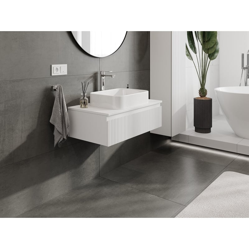 Mexen Rivel Badezimmerschrank unter Waschbecken 80 cm mit Arbeitsplatte, 1 Schublade, geriffelt, weiß matt