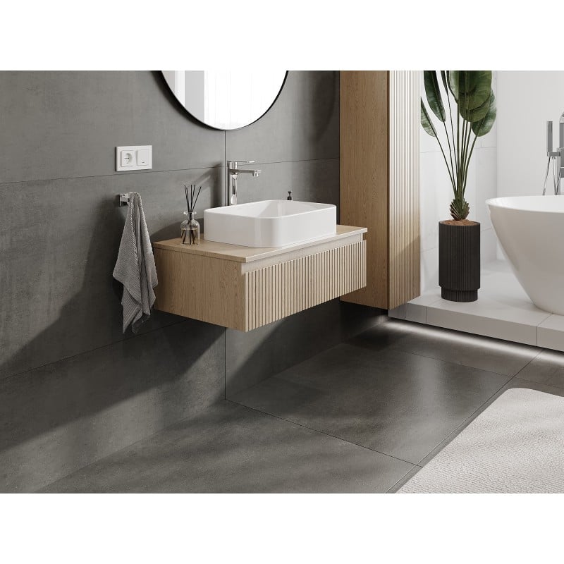 Mexen Rivel Badezimmerunterschrank 80 cm mit Arbeitsplatte, 1 Schublade, geriffelt, Eiche - 91A20-08023-1-BFC81