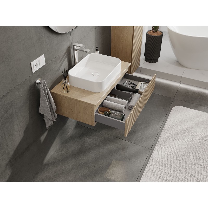 Mexen Rivel Badezimmerunterschrank 80 cm mit Arbeitsplatte, 1 Schublade, geriffelt, Eiche - 91A20-08023-1-BFC81
