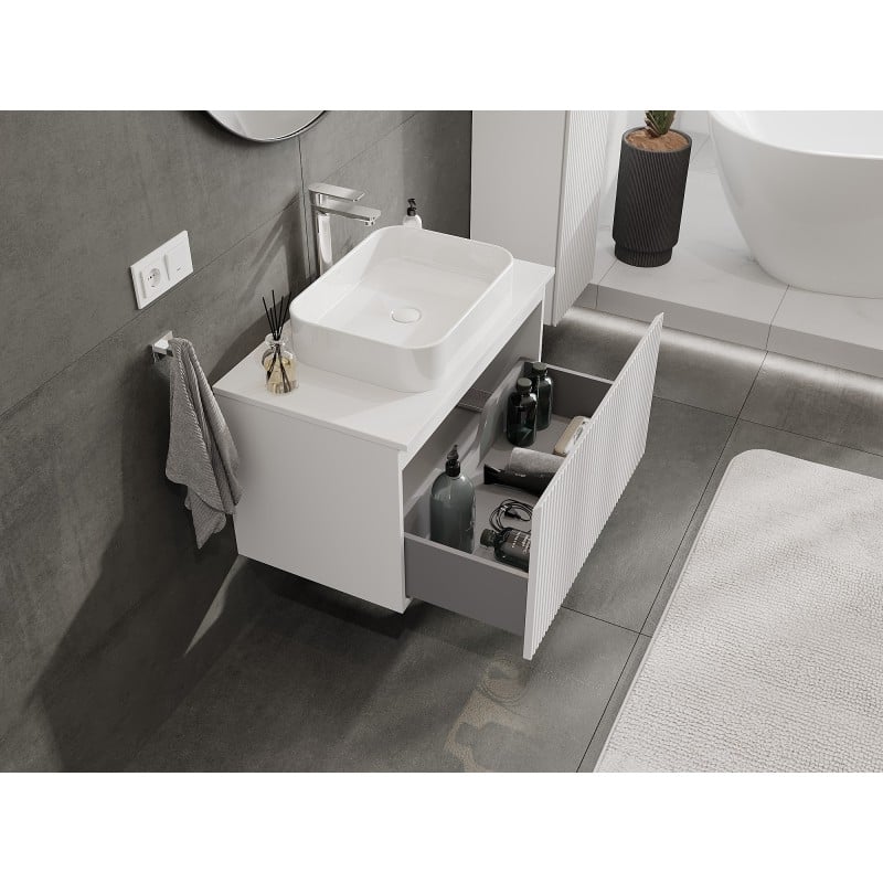 Mexen Rivel Badezimmerschrank für Waschbecken 80 cm mit Arbeitsplatte, 1 Schublade, geriffelt, weiß matt - 91A20-08047-1-BFC01