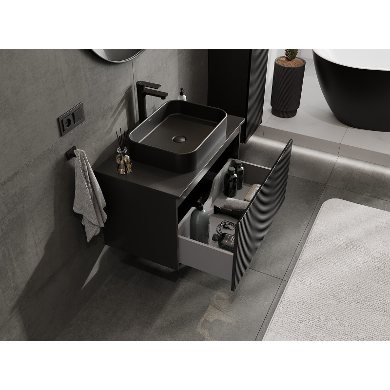 Mexen Rivel Badezimmerschrank für Waschbecken, 80 cm mit Arbeitsplatte, 1 Schublade, geriffelt, Schwarz matt