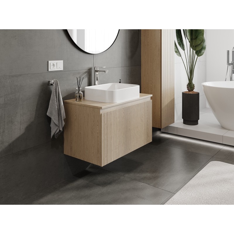 Mexen Rivel Badezimmerschrank für Waschbecken 80 cm mit Platte, 1 Schublade, geriffelt, Eiche - 91A20-08047-1-BFC81