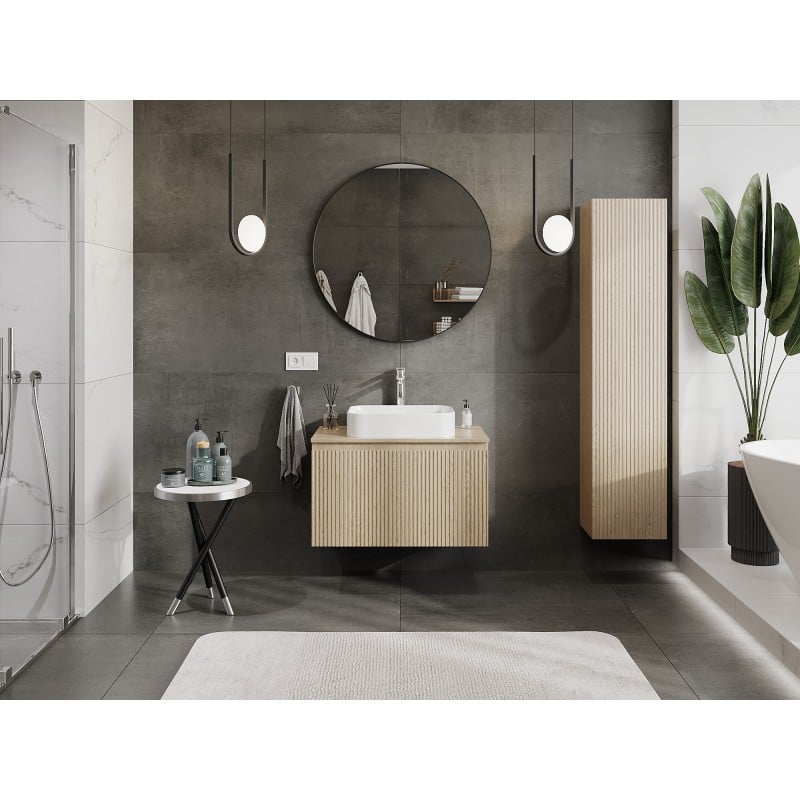 Mexen Rivel Badezimmerschrank für Waschbecken 80 cm mit Platte, 1 Schublade, geriffelt, Eiche - 91A20-08047-1-BFC81