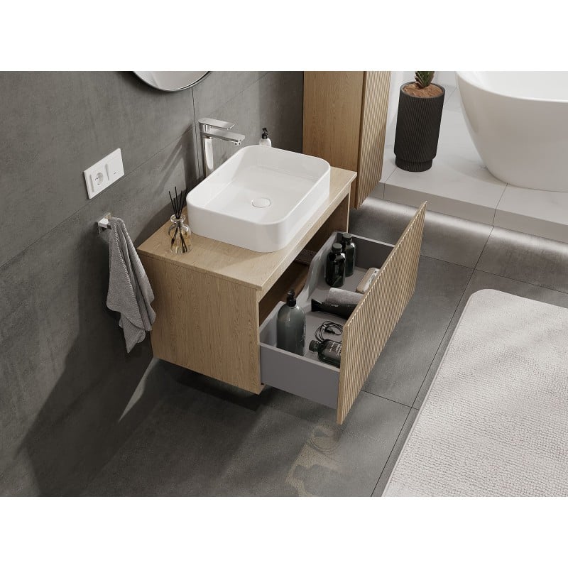 Mexen Rivel Badezimmerschrank für Waschbecken 80 cm mit Platte, 1 Schublade, geriffelt, Eiche - 91A20-08047-1-BFC81