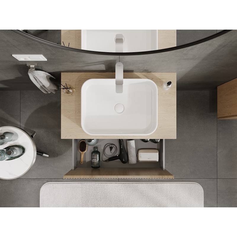 Mexen Rivel Badezimmerschrank für Waschbecken 80 cm mit Platte, 1 Schublade, geriffelt, Eiche - 91A20-08047-1-BFC81