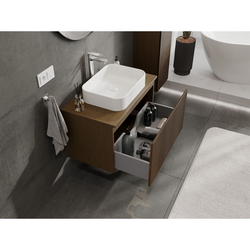Mexen Rivel Badezimmerschrank unter Waschbecken 80 cm mit Arbeitsplatte, 1 Schublade, geriffelt, Walnuss - 91A20-08047-1-BFC86
