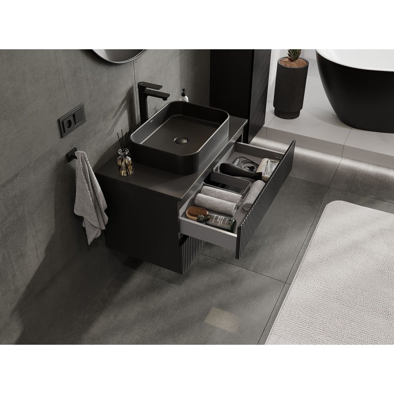 Mexen Rivel Badezimmerschrank 80 cm mit Waschbeckenplatte, 2 Schubladen, geriffelt, schwarz matt - 91A20-08047-2-BFFC71