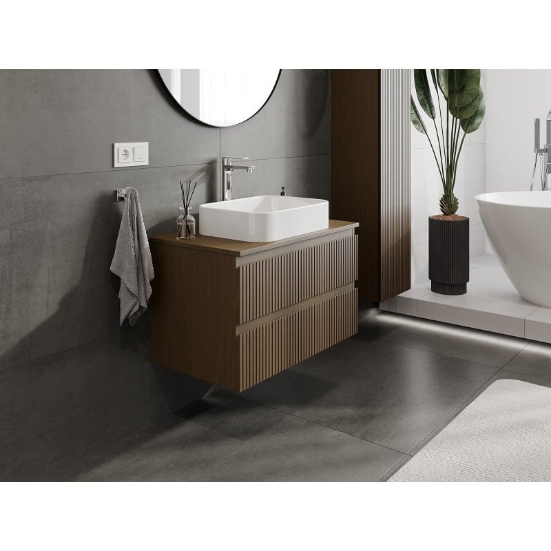 Mexen Rivel Badezimmerunterschrank 80 cm mit Platte, 2 Schubladen, geriffelt, Nussbaum - 91A20-08047-2-BFFC86