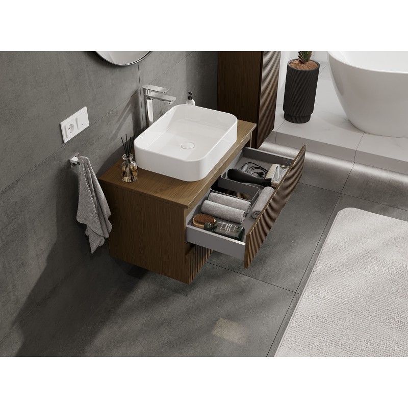Mexen Rivel Badezimmerunterschrank 80 cm mit Platte, 2 Schubladen, geriffelt, Nussbaum - 91A20-08047-2-BFFC86