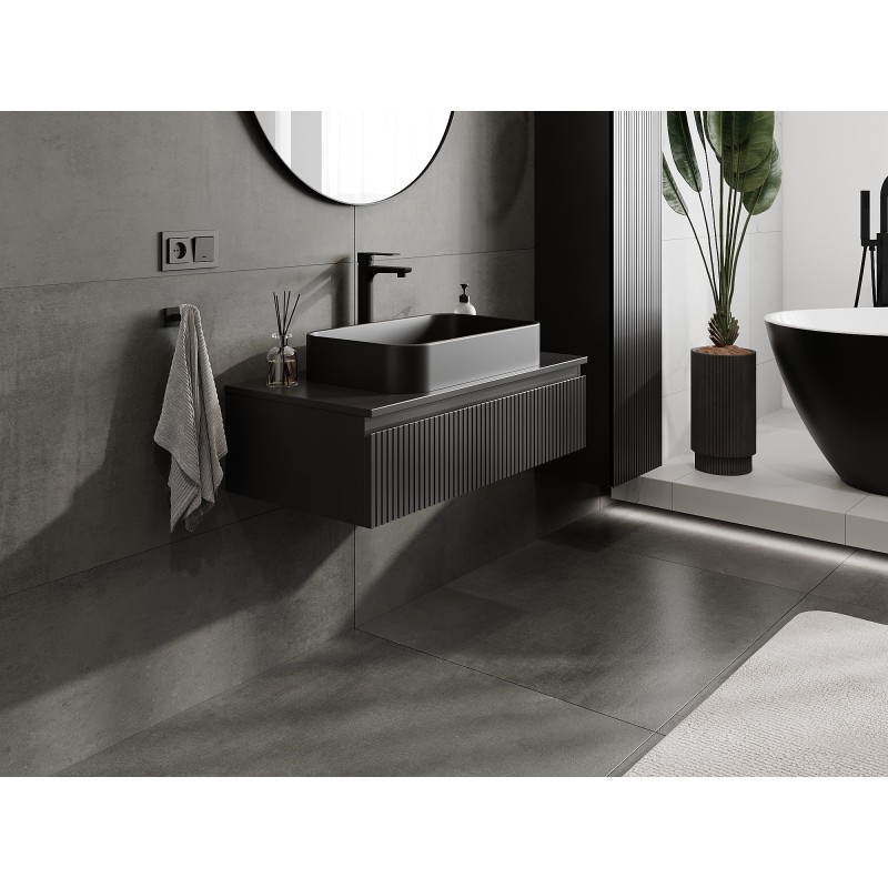 Mexen Rivel Badezimmerschrank für Waschbecken 90 cm mit Arbeitsplatte, 1 Schublade, gerillt, schwarz matt - 91A20-09023-1-BFC71