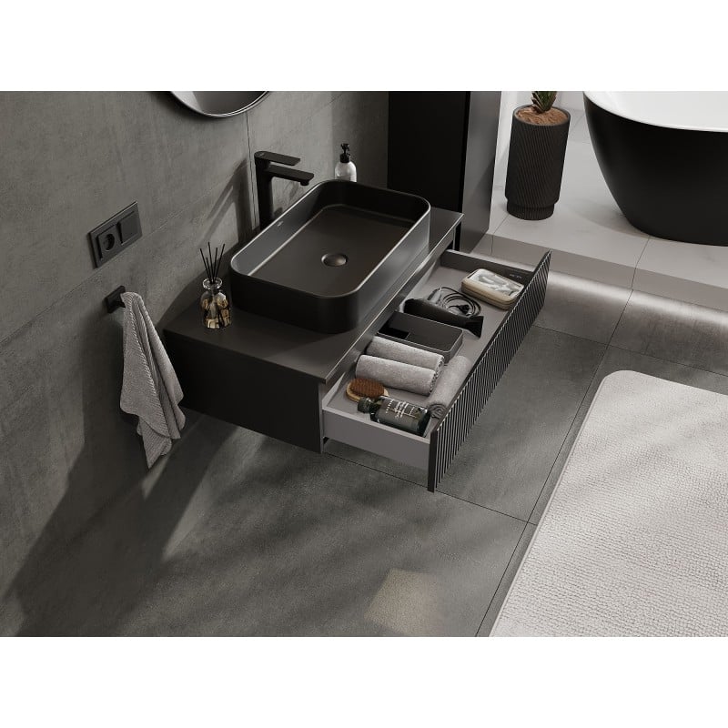 Mexen Rivel Badezimmerschrank für Waschbecken 90 cm mit Arbeitsplatte, 1 Schublade, gerillt, schwarz matt - 91A20-09023-1-BFC71