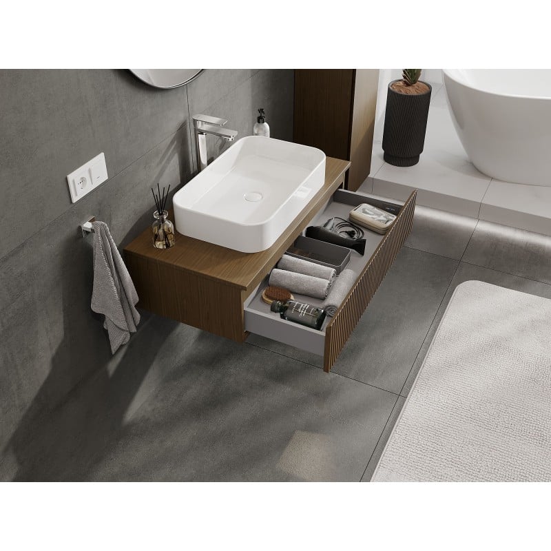 Mexen Rivel Badezimmerschrank 90 cm mit Arbeitsplatte, 1 Schublade, geriffelt, Nussbaum - 91A20-09023-1-BFC86