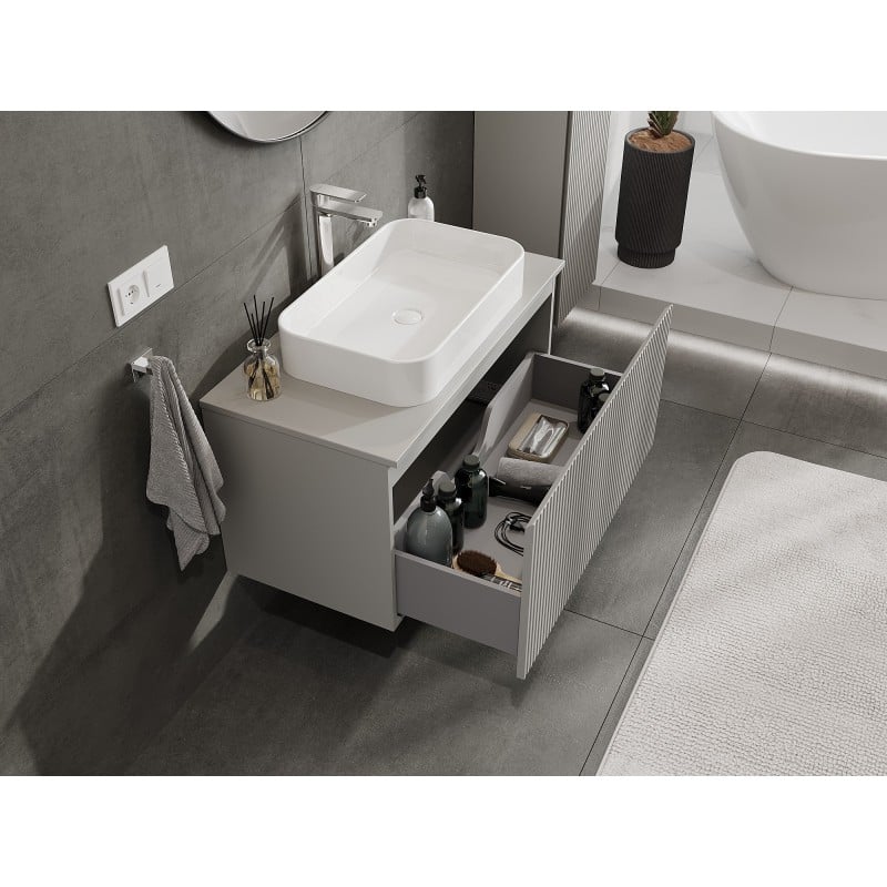 Mexen Rivel Badezimmer-Unterschrank 90 cm mit Arbeitsplatte, 1 Schublade, geriffelt, graumatt - 91A20-09047-1-BFC62
