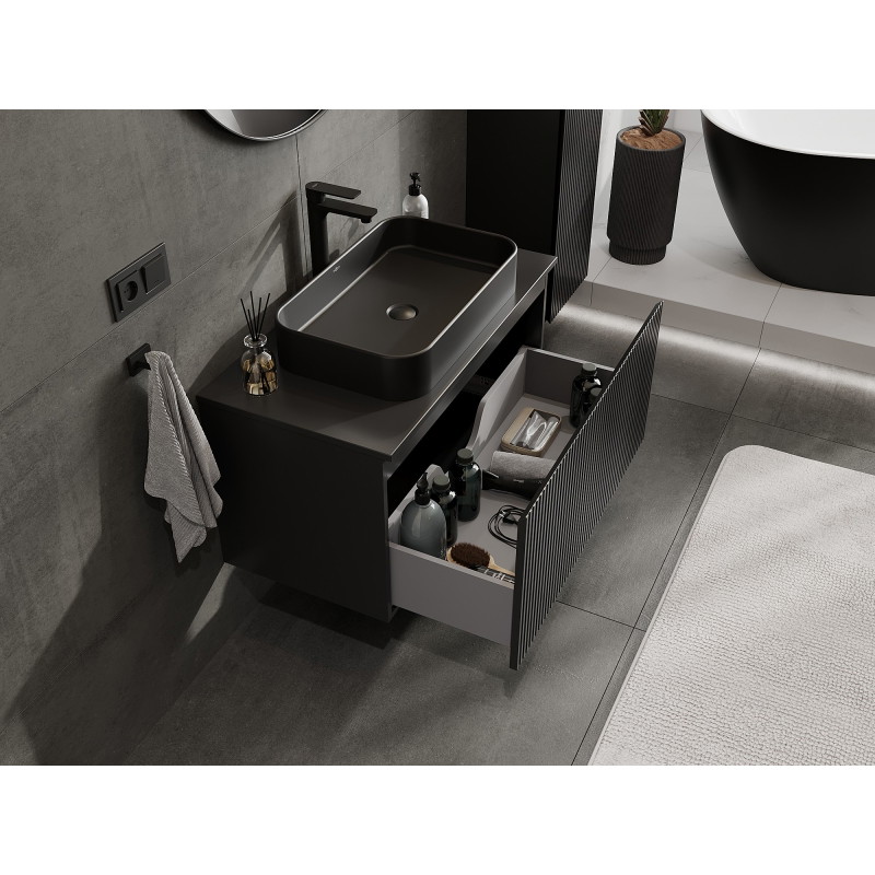 Mexen Rivel 90 cm Unterschrank für das Badezimmer mit Arbeitsplatte, 1 Schublade, geriffelt, schwarz matt - 91A20-09047-1-BFC71