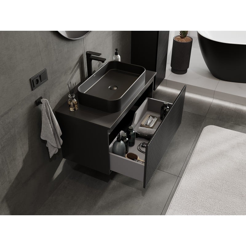 Mexen Rivel Badezimmer-Unterschrank 90 cm mit Arbeitsplatte, 1 Schublade, geriffelt, schwarz matt - 91A20-09047-1-BFC71