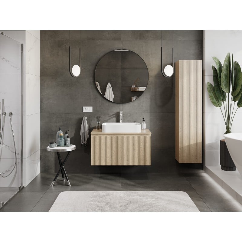 Mexen Rivel Badschrank unter Waschbecken 90 cm mit Platte, 1 Schublade, geriffelt, Eiche - 91A20-09047-1-BFC81