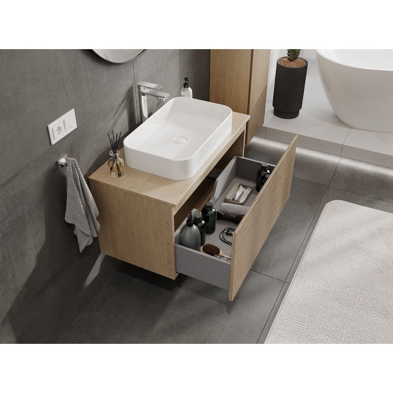Mexen Rivel Badschrank unter Waschbecken 90 cm mit Platte, 1 Schublade, geriffelt, Eiche - 91A20-09047-1-BFC81