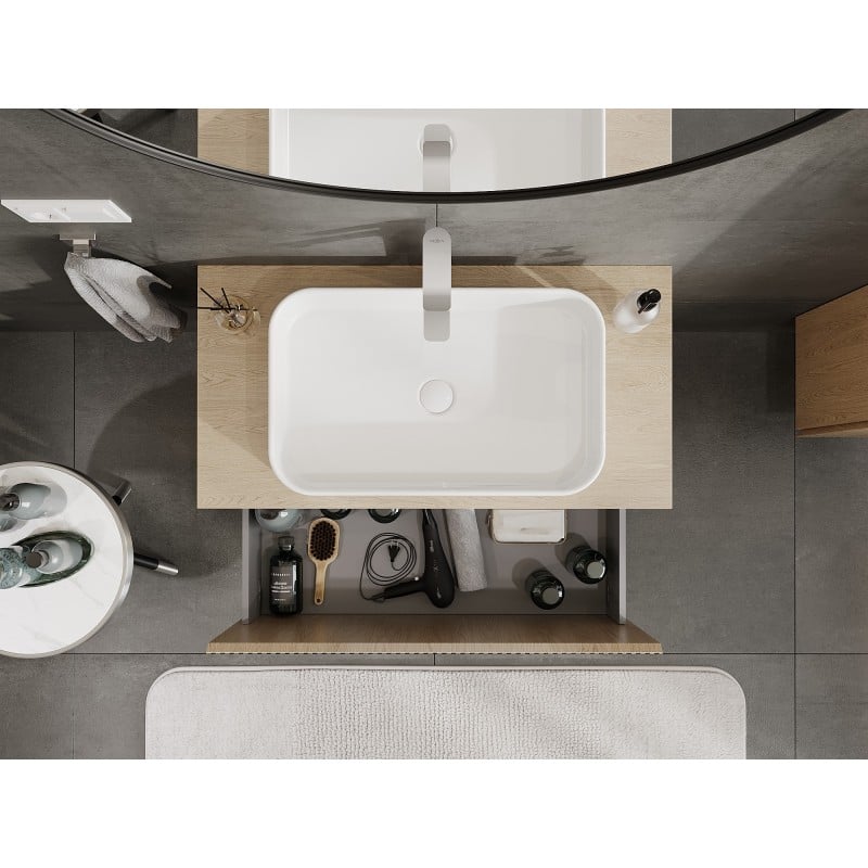 Mexen Rivel Badschrank unter Waschbecken 90 cm mit Platte, 1 Schublade, geriffelt, Eiche - 91A20-09047-1-BFC81