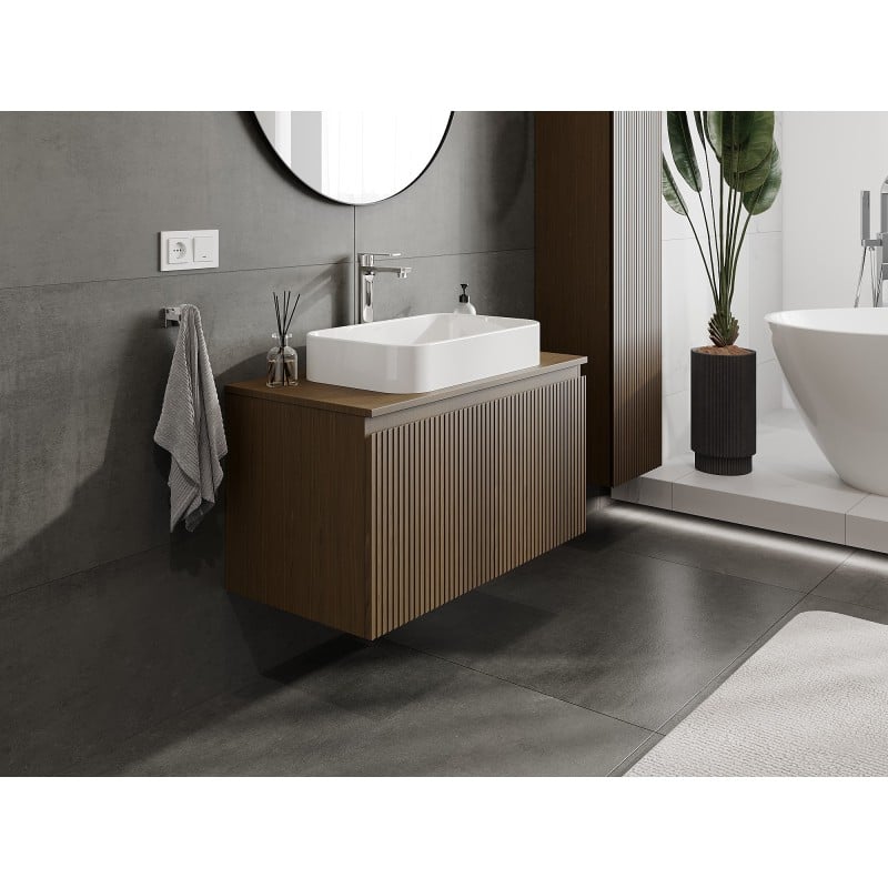 Mexen Rivel Badezimmerschrank 90 cm mit Arbeitsplatte, 1 Schublade, geriffelt, Walnuss - 91A20-09047-1-BFC86