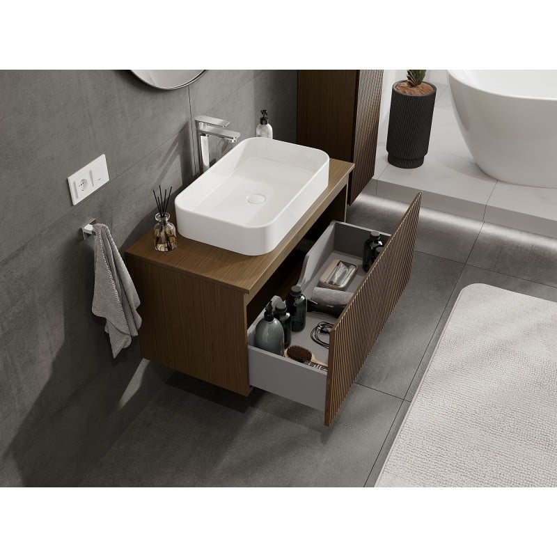 Mexen Rivel Badezimmerschrank 90 cm mit Arbeitsplatte, 1 Schublade, geriffelt, Walnuss - 91A20-09047-1-BFC86