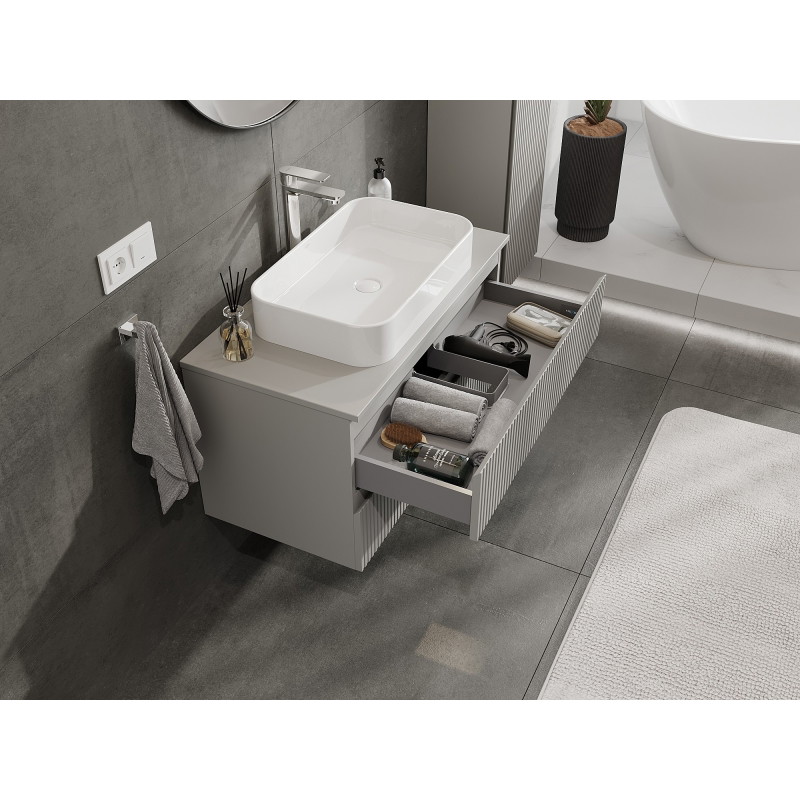 Mexen Rivel Badezimmerschrank unter Waschbecken 90 cm mit Arbeitsplatte, 2 Schubladen, geriffelt, grau matt