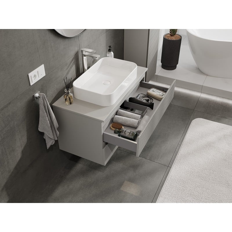 Mexen Rivel Badezimmerschrank Unterschrank 90 cm mit Arbeitsplatte, 2 Schubladen, geriffelt, grau matt - 91A20-09047-2-BFFC62