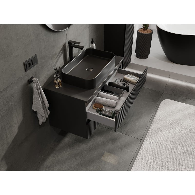 Mexen Rivel Waschtisch-Unterschrank 90 cm mit Platte, 2 Schubladen, geriffelt, schwarz matt - 91A20-09047-2-BFFC71